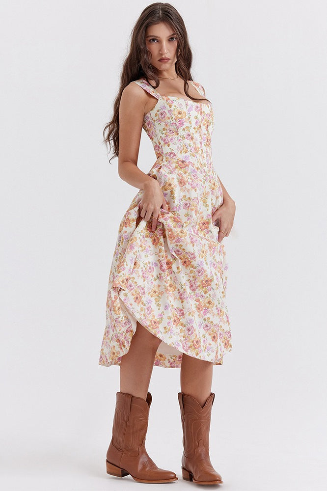 Floral Boned Spaghetti Strap Party Dress - View 2 | VelvetHem