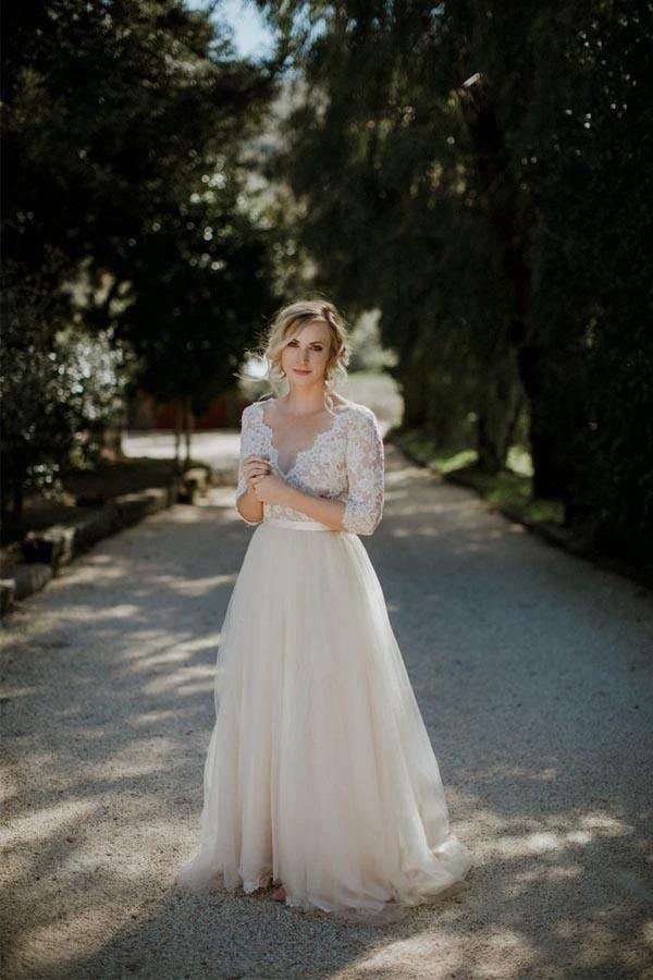 Belt Tulle V-neck Half Sleeves A-line Wedding Dress Bridal Gown WD401 by pgmdress