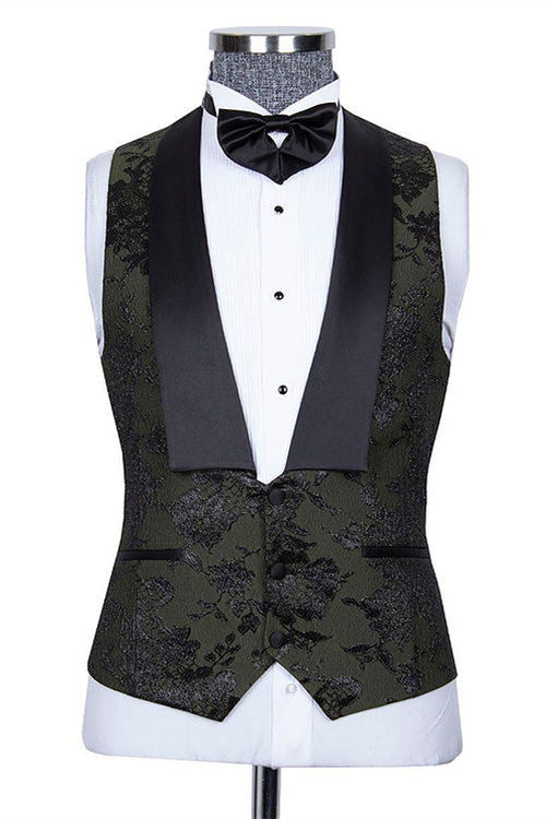 Bespoke Black Three Pieces Jacquard Peaked Lapel Wedding Groom Suits