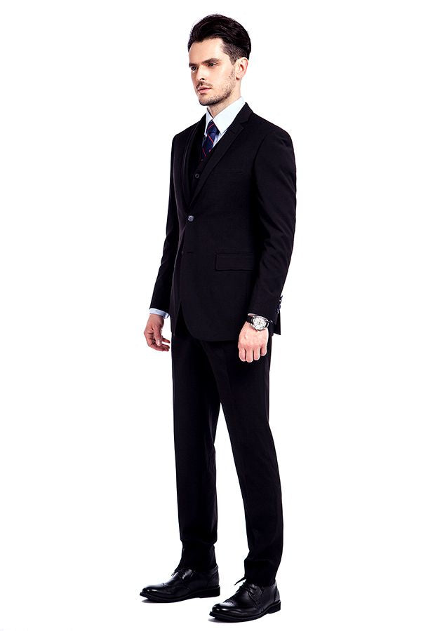 Bespoke Solid Black Three Piece Suits for Men
