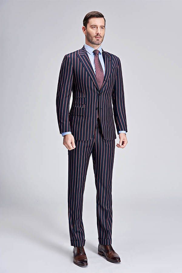 Bespoke Stripes Dark Navy Mens Suits Peak Lapel Three Flap Pockets Suits for Men