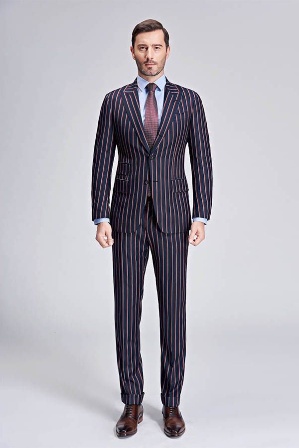 Bespoke Stripes Dark Navy Mens Suits Peak Lapel Three Flap Pockets Suits for Men
