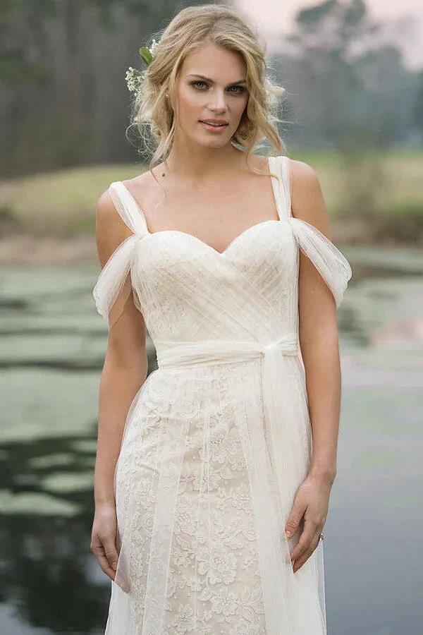 Best Long Sheath Lace Tulle Wedding Dress (ZD14369)