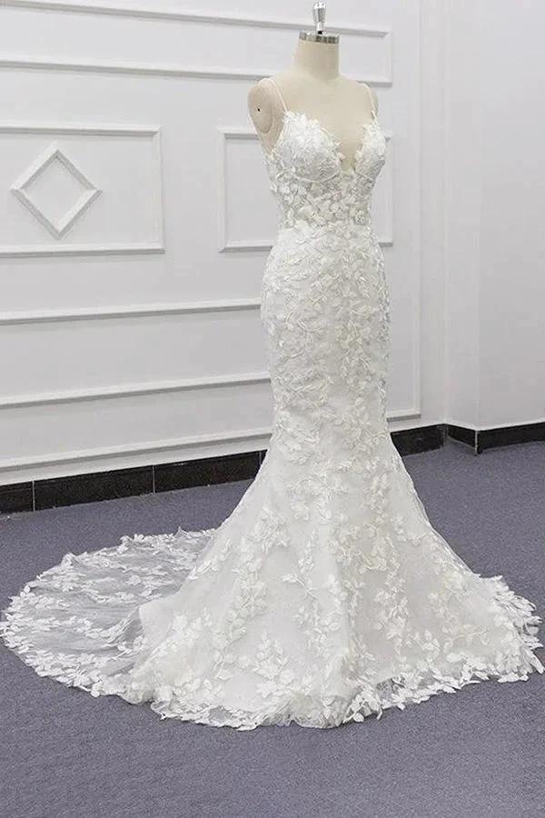 Best Spaghetti Strap Appliques Mermaid Wedding Dress (ZD13919)