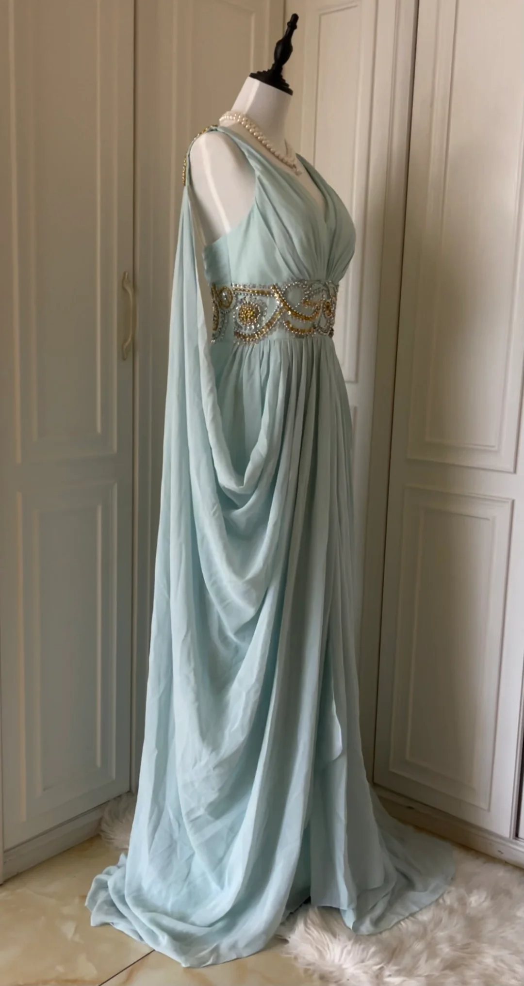 A Line Blue Chiffon Evening Dress Beaded Formal Party Dress J8033