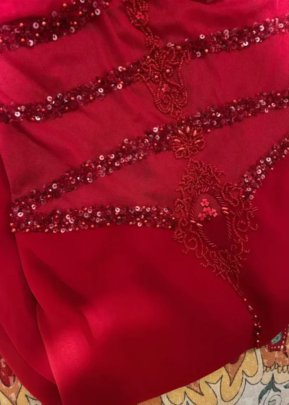Spaghetti Straps Red Beaded Chiffon Prom Dress Mermaid Sexy Evening Dress