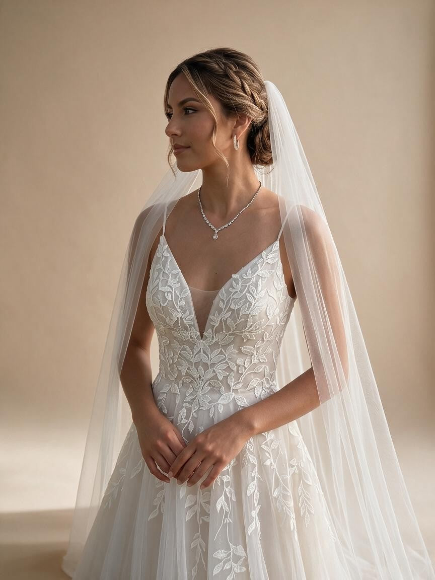 Spaghetti Strap V-Neck Lace Wedding Dress with Leaf Embroidery | ZapDress