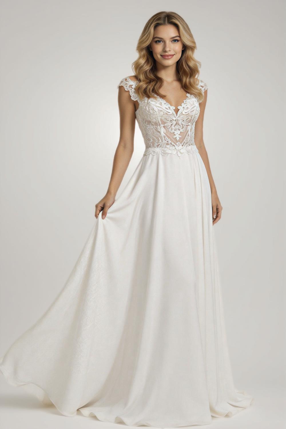 Modern V-Neck Wedding Dresses Lace Appliques Chiffon Backless Boho A-Line Bride Gown Backless Sweep Train Vestido de novia (ZD14088)