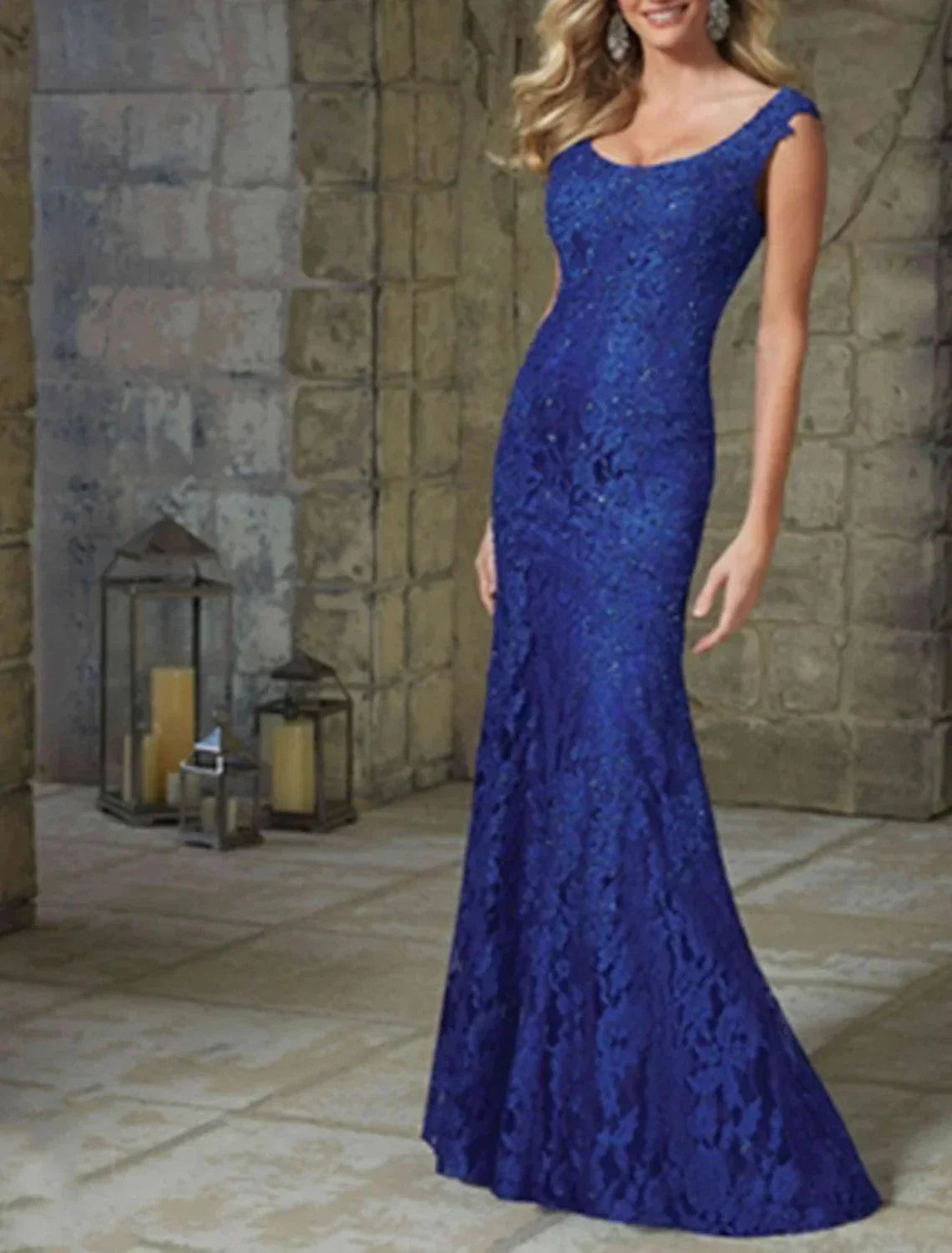 Mermaid Party Dress Elegant Floral Wedding Guest Formal Evening Dress Scoop Neck Sleeveless Floor Length Lace with Lace Insert Pattern / Print - View 3 | VelvetHem