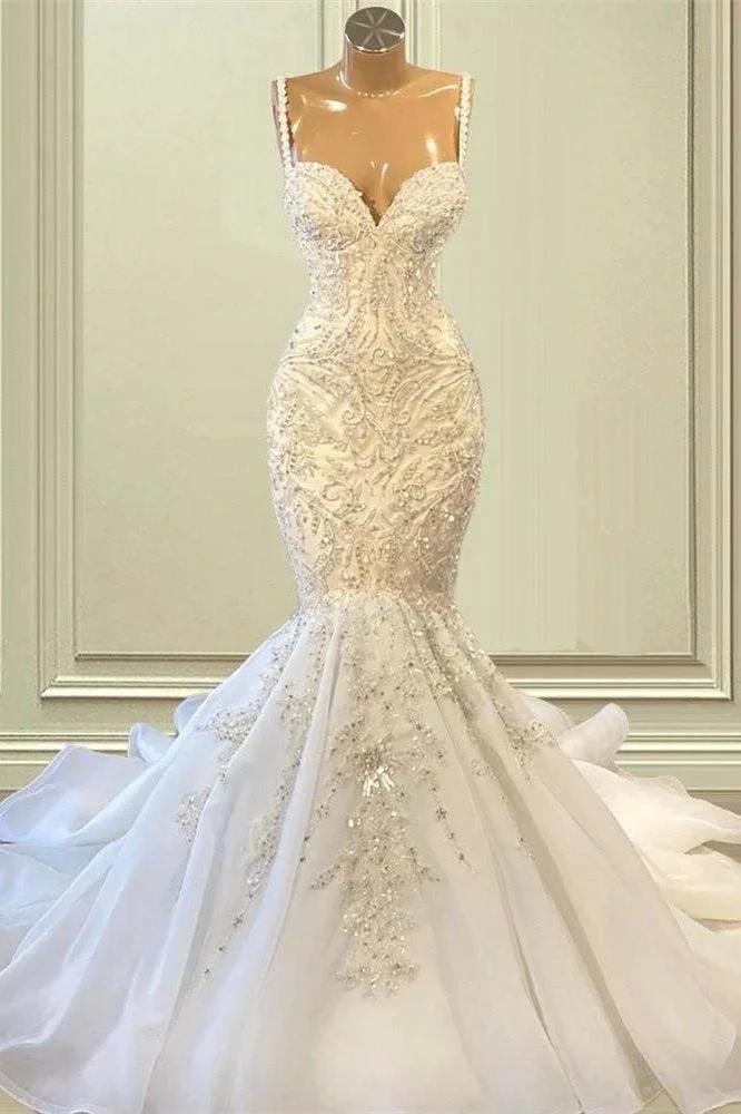 Biztunnel Elegant Long Mermaid Sweetheart Sleeveless Tulle Lace Wedding Dress (ZD16720)