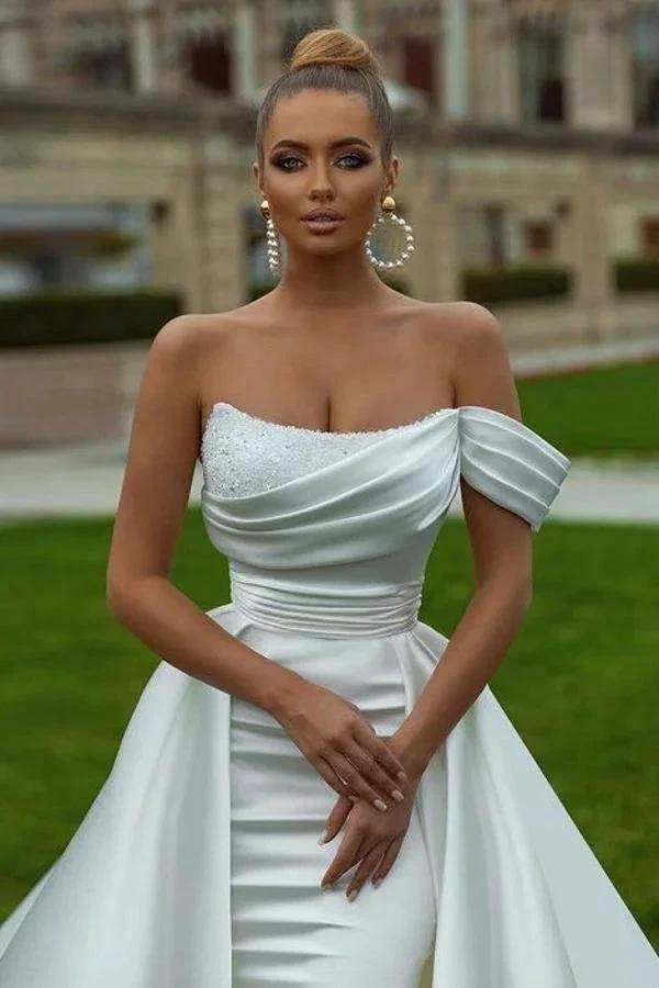 Biztunnel Fabulous Long Mermaid One Shoulder Chapel Train Satin Wedding Dress with Ruffles (ZD16756)