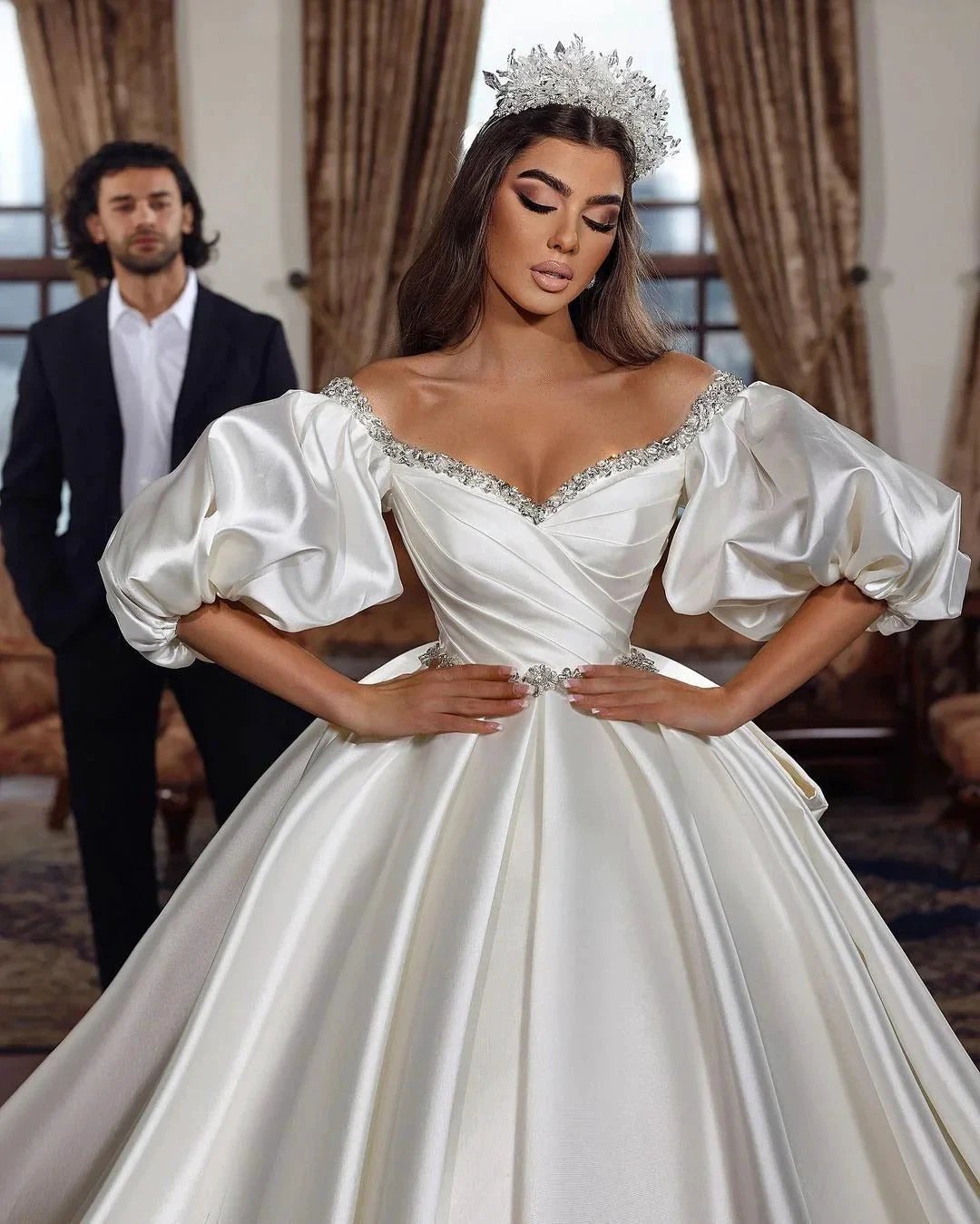 Biztunnel Ivory Long Ball Gown Off the Shoulder Satin Wedding Dress With Sleeves (ZD16717)