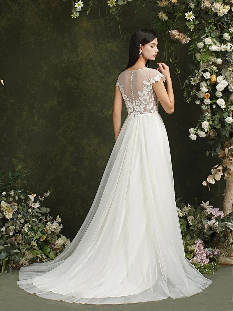 Biztunnel Long A-line Sweetheart Chiffon Lace Wedding Dresses with slit (ZD16715)