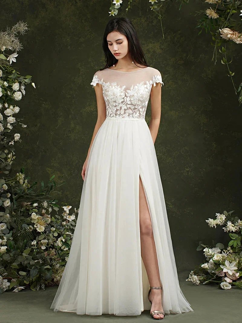 Biztunnel Long A-line Sweetheart Chiffon Lace Wedding Dresses with slit (ZD16715)