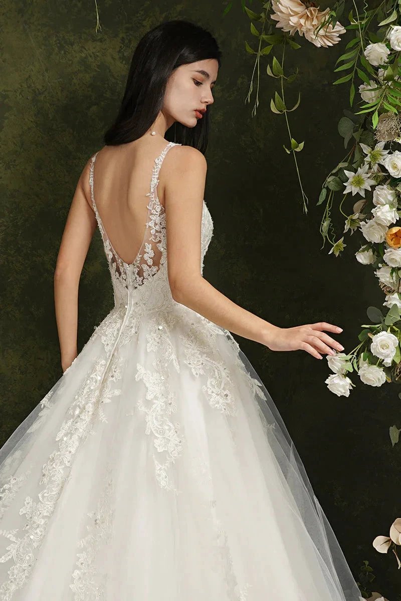 Biztunnel Long A-line V-neck Tulle Lace Backless Wedding Dresses (ZD16716)