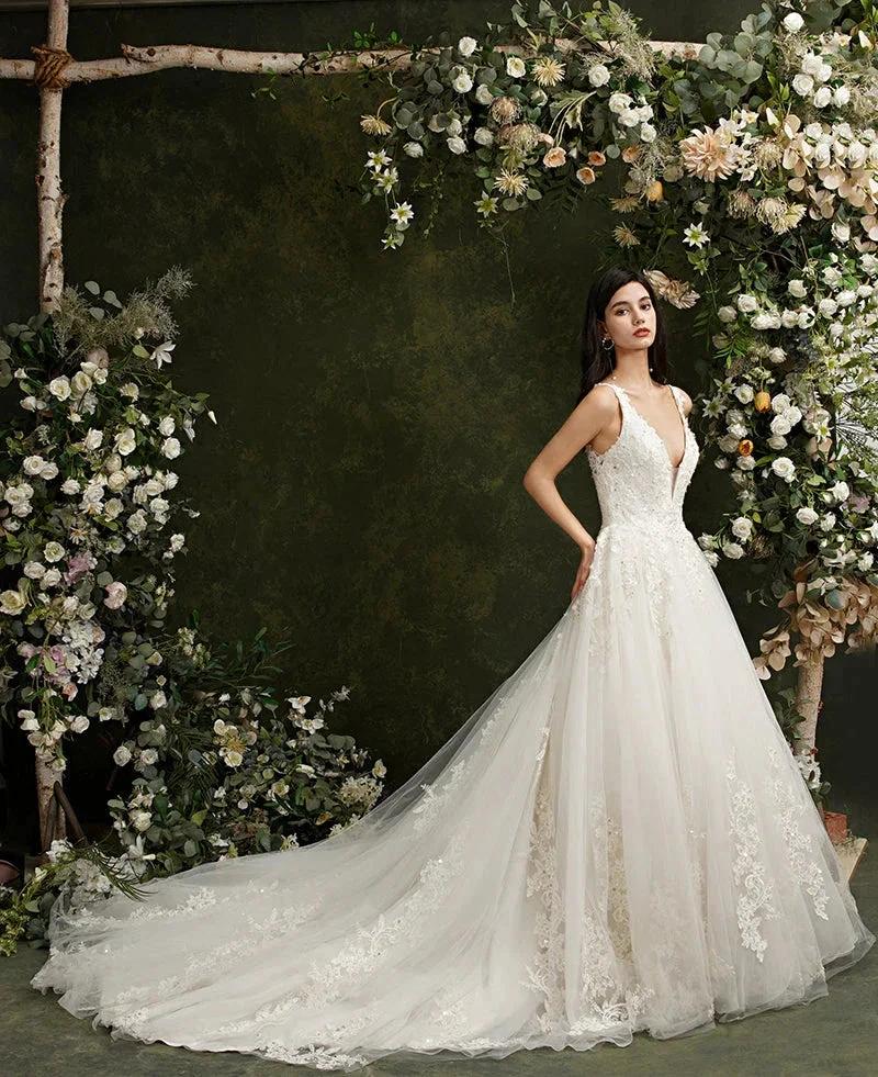 Biztunnel Long A-line V-neck Tulle Lace Backless Wedding Dresses (ZD16716)