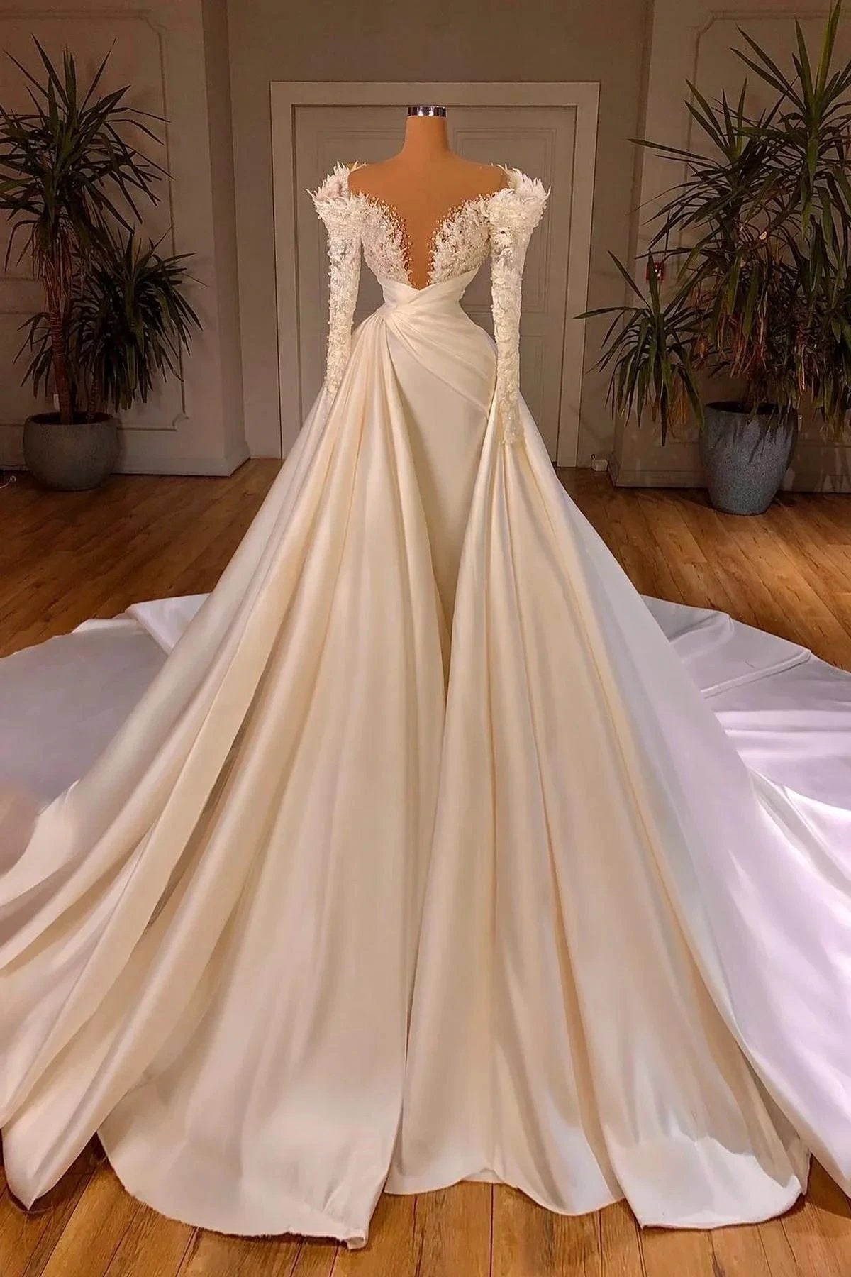 Biztunnel Long Mermaid V-neck Satin Lace Wedding Dresses with Sleeves (ZD16722)