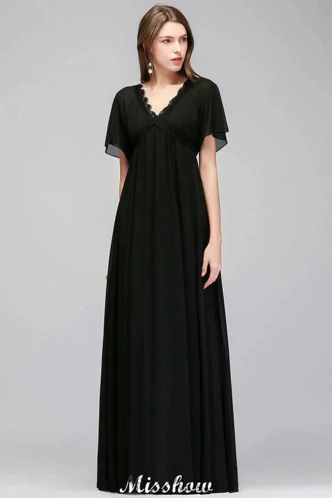 Black Chiffon A-line Bridesmaid Dress V-Neck Floor Length by misshow.com