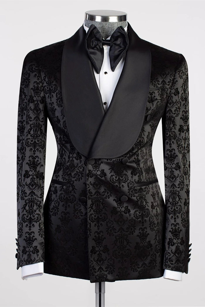 Black Floral Jacquard Shawl Lapel Men's Suit
