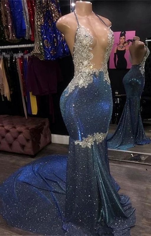 Black Girl Prom Dress Cheap Sparkle Blue Sexy Prom Dresses | Mermaid Silver Aplliques Long Prom Gown