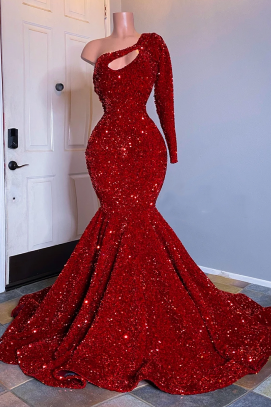 Black Girl Prom Dress One Shoulder Mermaid Red Prom Dresses | Cheap Sequins Prom Gown