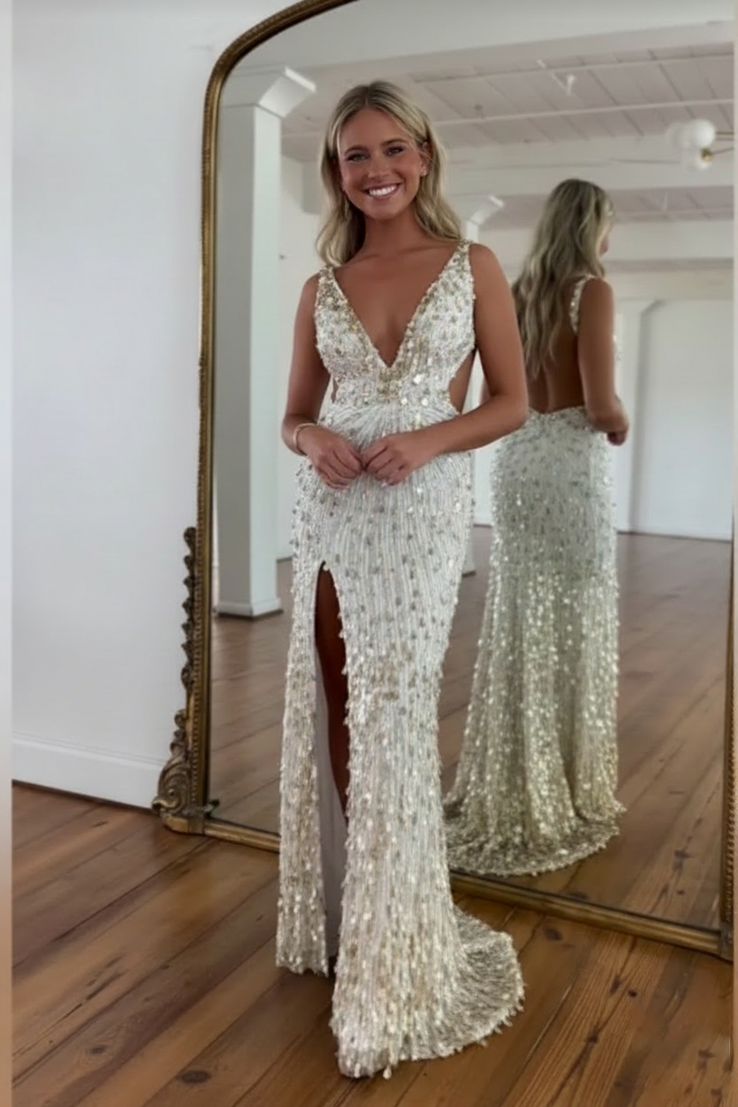 Sparkly Gold Fully Beaded Prom Dress with Deep V Neck Slit and Open Back (ZD17393)
