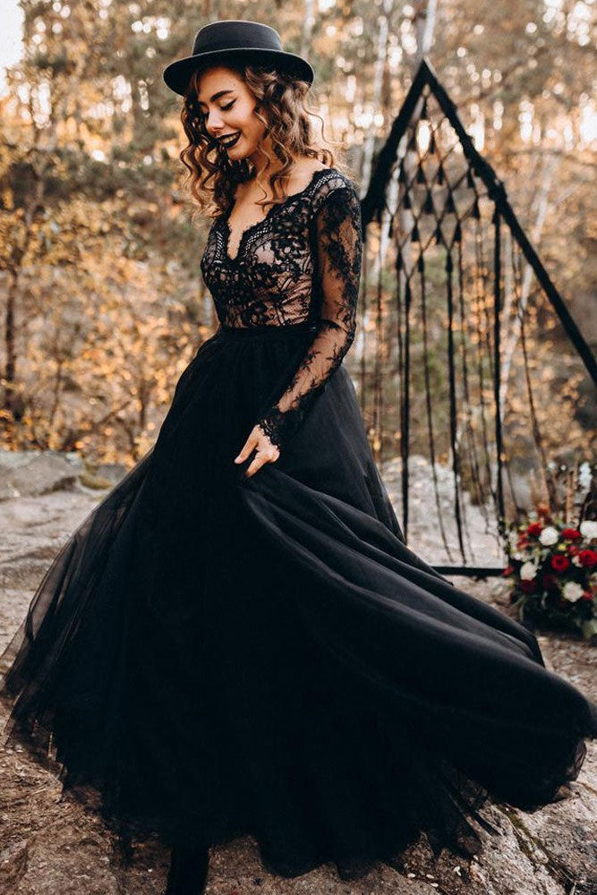 Black Long Sleeves Lace Evening Dress Tulle Party Gowns