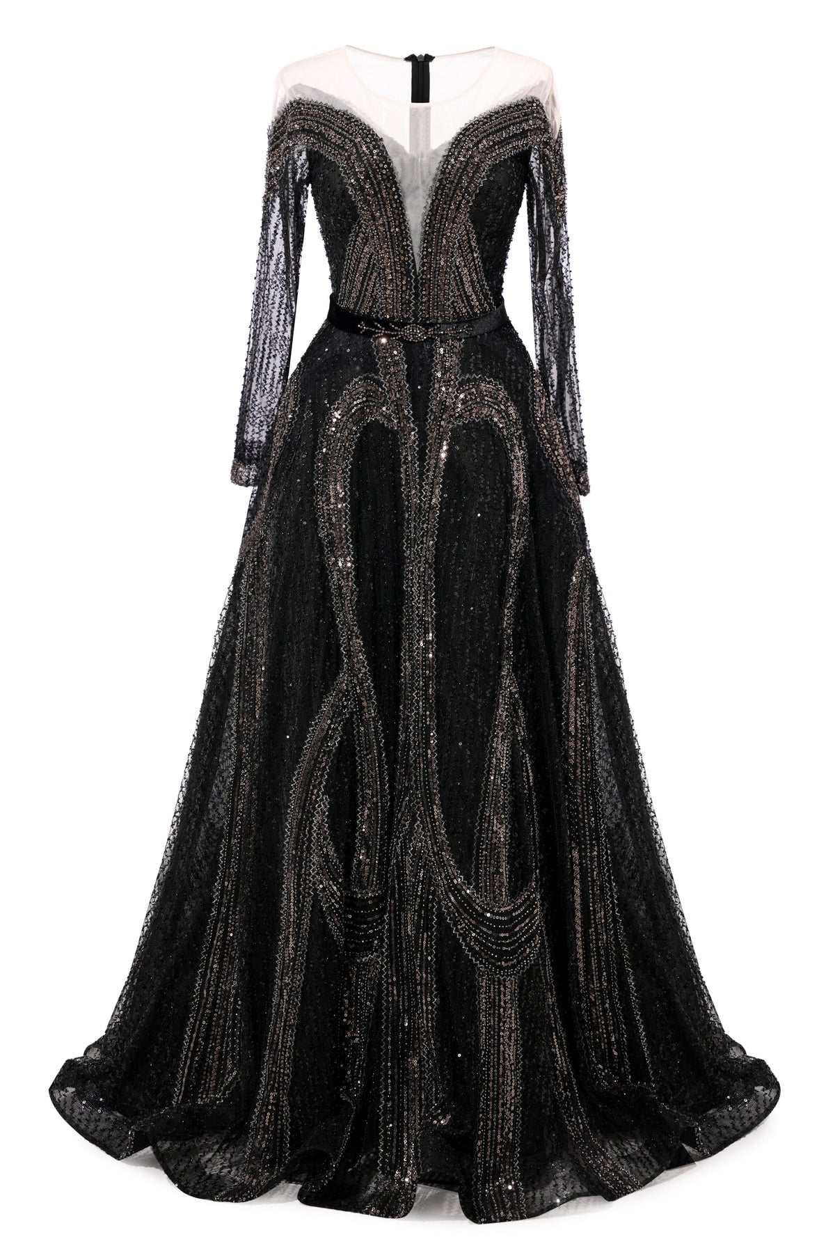Black Long sleeves V-Neck Luxury Sparkle Princess Evening Dresses
