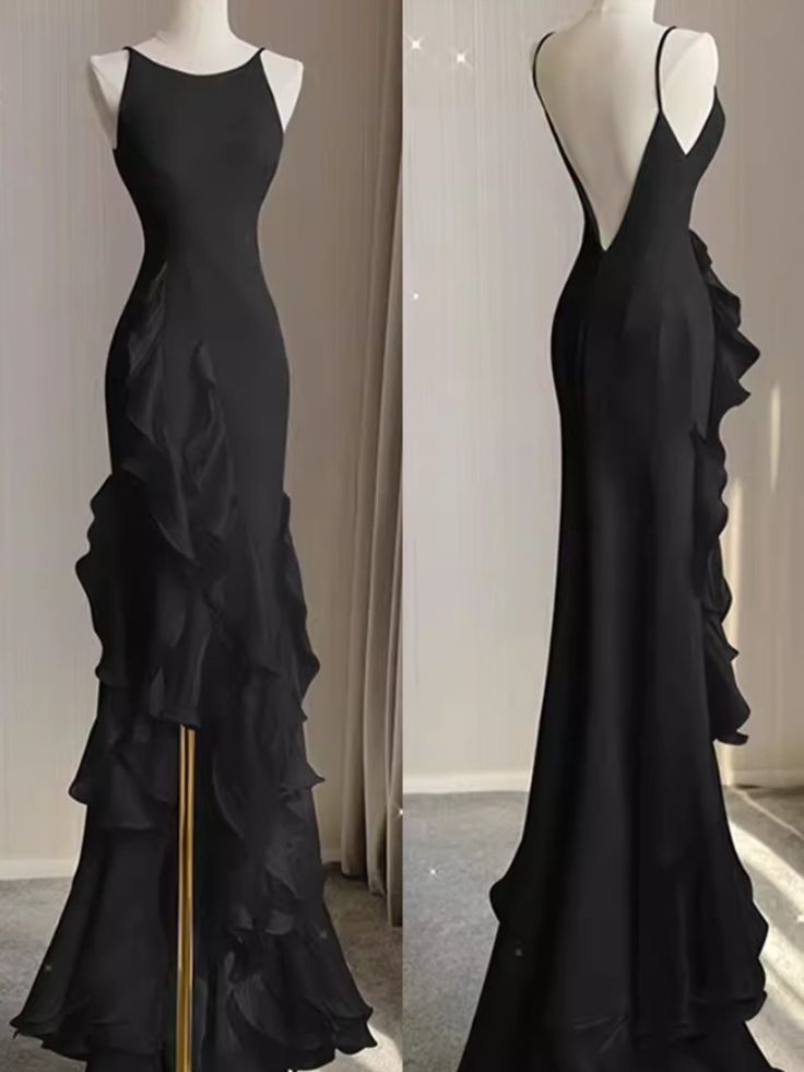 Black Mermaid Beach Wedding Dresses With Ruffles, Spaghetti Straps Backless Prom Gowns