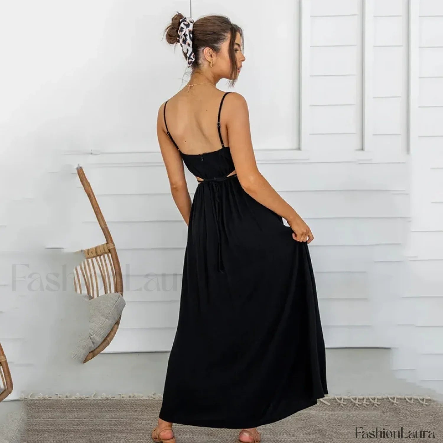 Black Ruffle Lace-Up Midi Dress