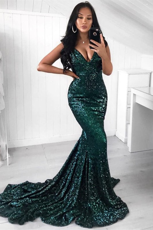 Blackish Green V-Neck Off-the-shoulder Mermaid Prom Dress Sequins Long