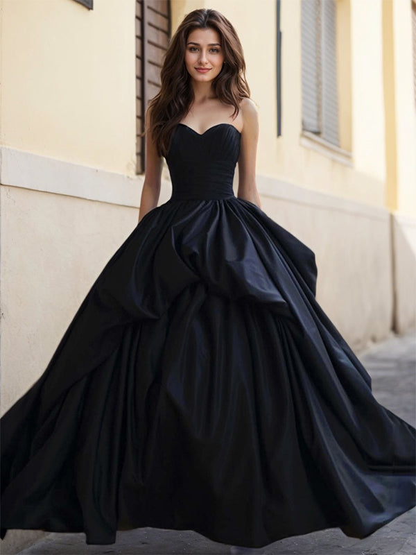 Black A-Line Strapless Sweetheart Satin Long Prom Dress - FashionDia