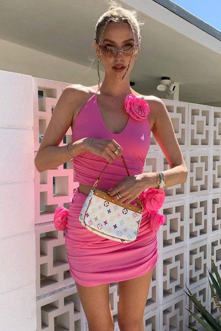 Bloom 3D Flower Halter Ruched Bodycon Cutout Party Mini Dress - Hot Pink - Fashionpara