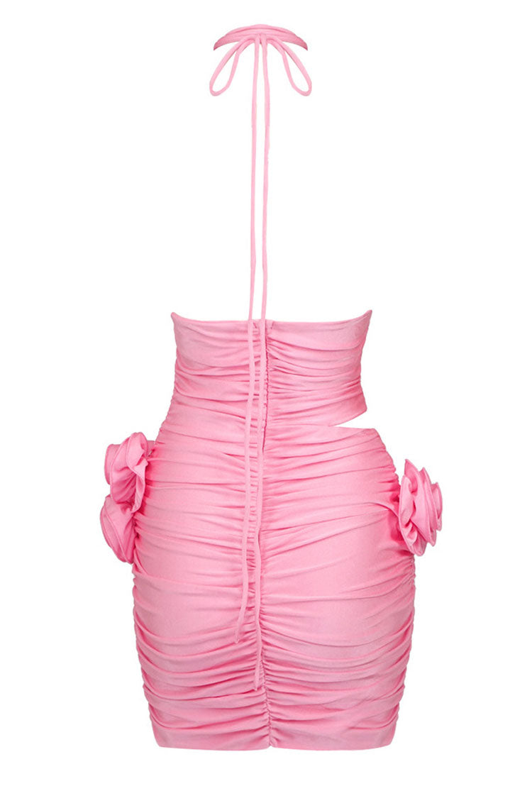 Bloom 3D Flower Halter Ruched Bodycon Cutout Party Mini Dress - Hot Pink - Fashionpara