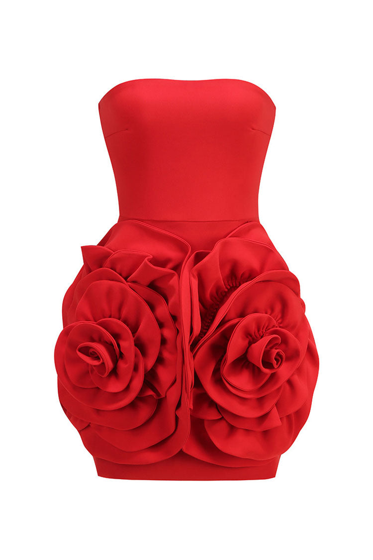 Blooming 3D Rosette Embellished Strapless Bodycon Crepe Party Mini Dress - Fashionpara