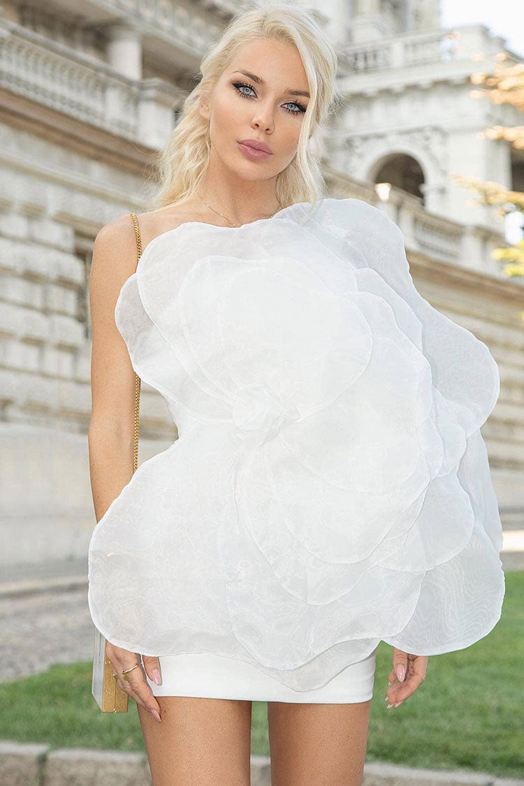 Blooming Rosette Applique One Shoulder Silky Satin Party Mini Dress - White - Fashionpara