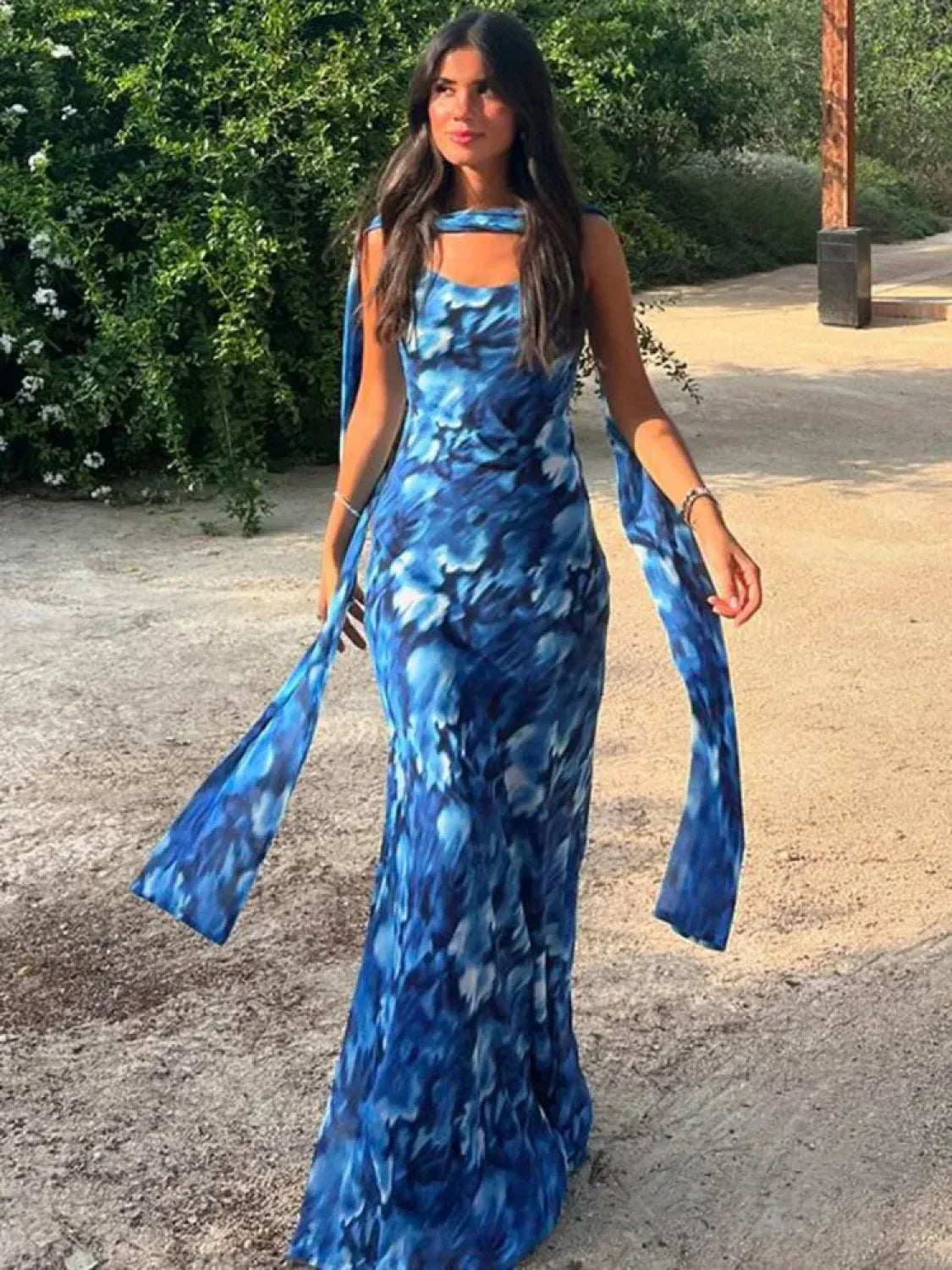 Blue Lace-Up Maxi Floral Dress
