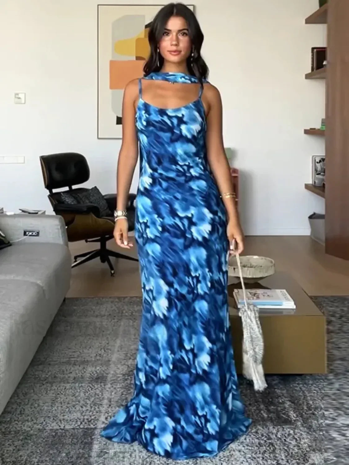 Blue Lace-Up Maxi Floral Dress
