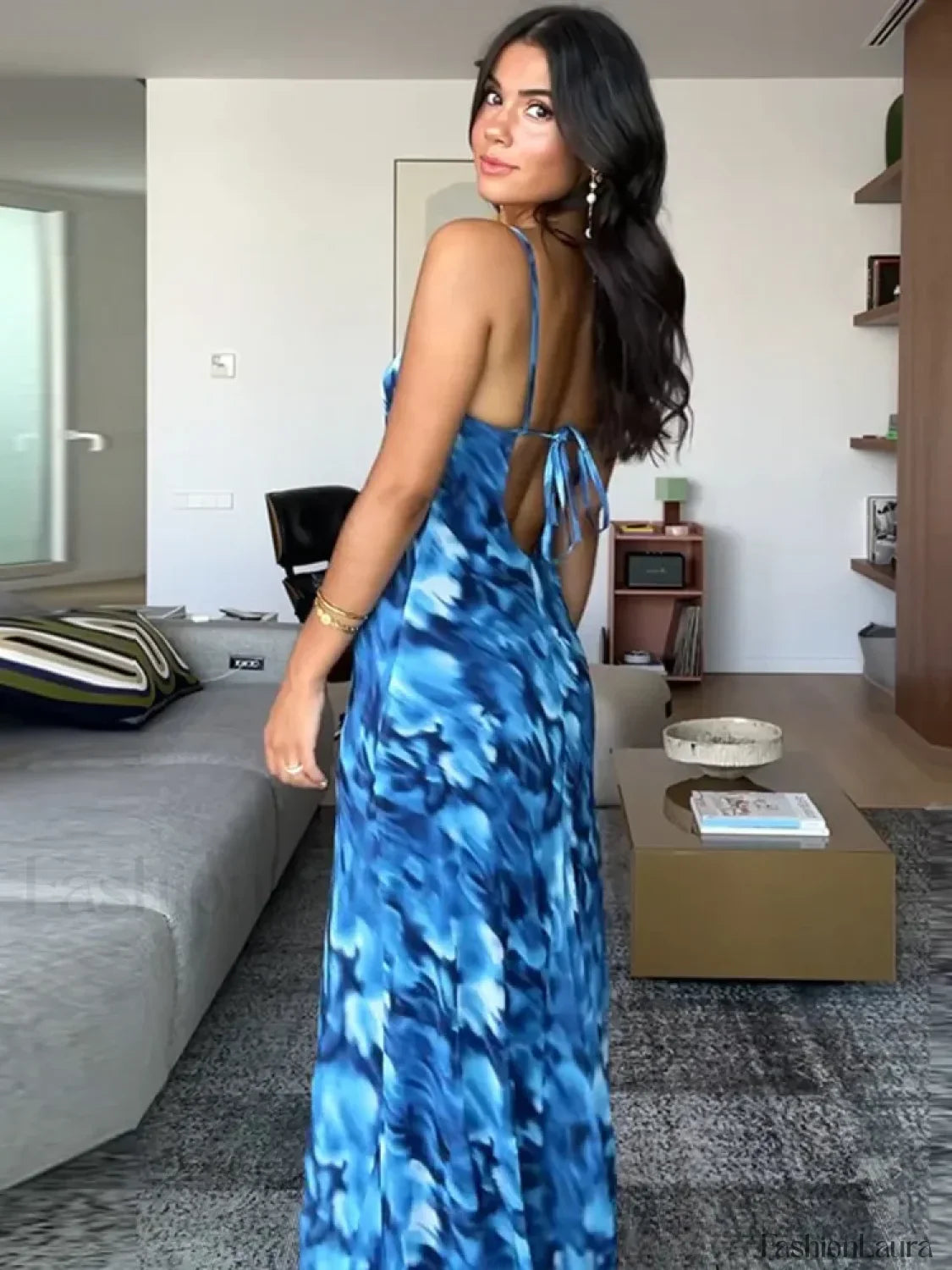 Blue Lace-Up Maxi Floral Dress