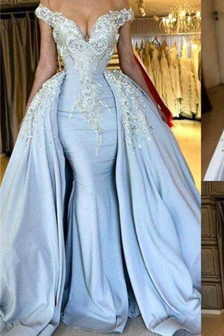 Blue Off-the-Shoulder V-Neck Mermaid Beading Appliques Prom Dresses With Overskirt