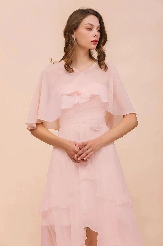 Blushing Pink Bridesmaid Dress Knee Length Simple Chiffon Girls Party Dress with Wraps (ZD13006)