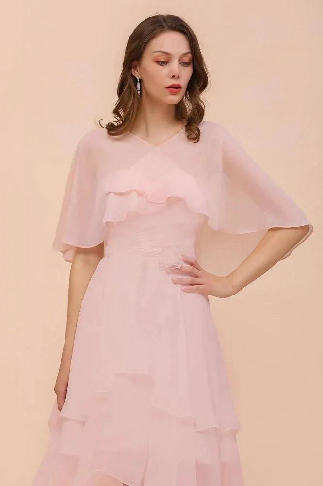 Blushing Pink Bridesmaid Dress Knee Length Simple Chiffon Girls Party Dress with Wraps (ZD13006)