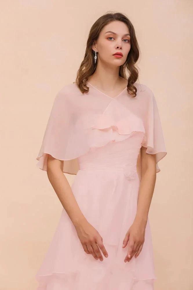 Blushing Pink Bridesmaid Dress Knee Length Simple Chiffon Girls Party Dress with Wraps (ZD13006)