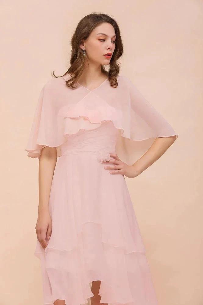 Blushing Pink Bridesmaid Dress Knee Length Simple Chiffon Girls Party Dress with Wraps by misshow.com