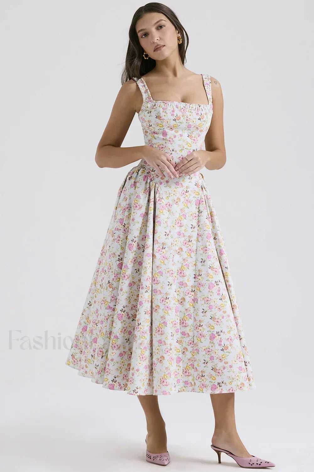 Bohemian Fragmented Flower Midi Dress Beige / S