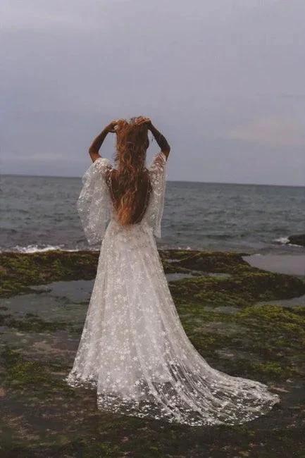 Boho A-Line Long Sleeves Backless Wedding Dresses With Lace (ZD16552)