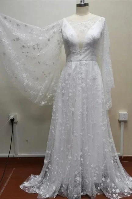 Boho A-Line Long Sleeves Backless Wedding Dresses With Lace (ZD16552)
