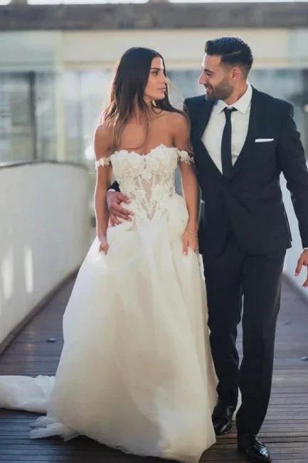 Boho A-Line Tulle Off-the-shoulder Wedding Dresses with Lace (ZD14705)