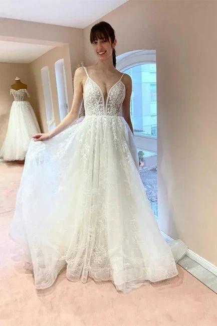Boho A-line V-neck Backless Sleeveless Wedding Dresses With Lace (ZD14924)