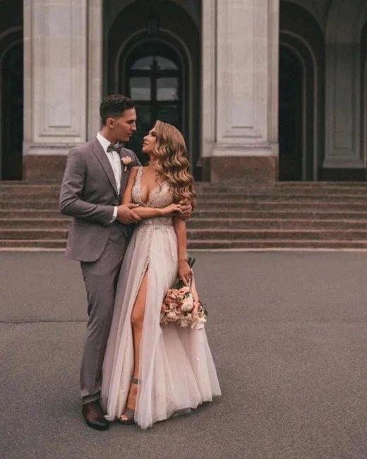 Boho A-line V-Neck Slit Wedding Dresses with Lace (ZD16434)